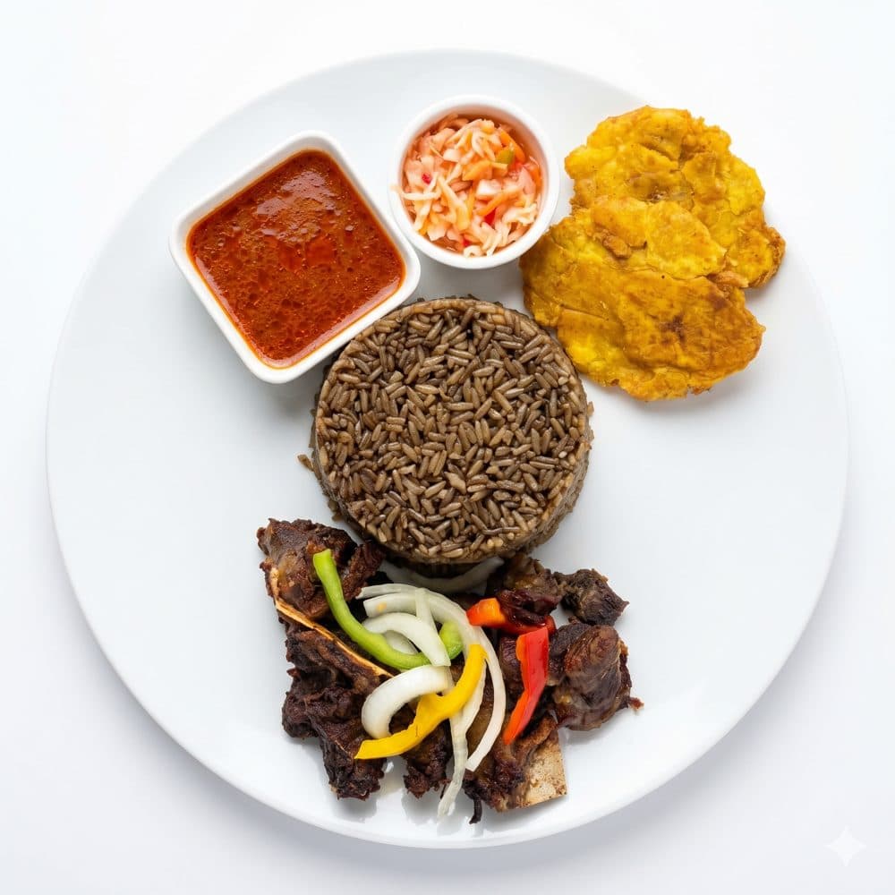 Fried goat with black rice